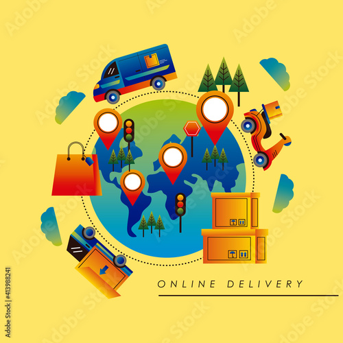 online delivery service technology with vehicles around of planet