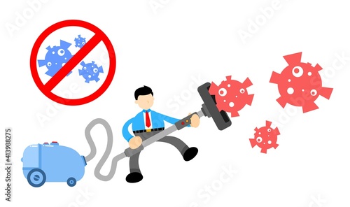 businessman worker and vacuum cleaner clean catch virus corona pathogen cartoon doodle flat design style vector illustration