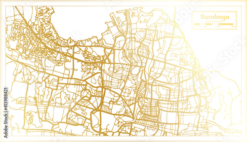 Surabaya Indonesia City Map in Retro Style in Golden Color. Outline Map.