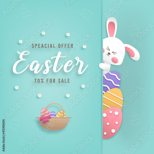 Happy easter day card design sale promotion color pastel background wallpaper paper art style with cute bunny and eggs vector illustration.