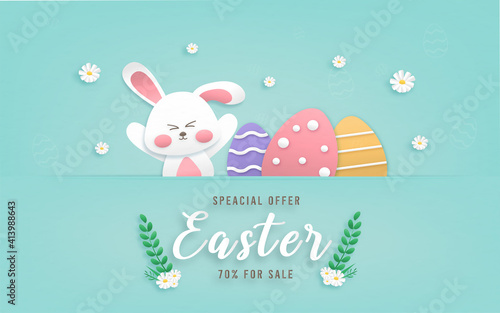 Happy easter day card design sale promotion color pastel background wallpaper paper art style with bunny and eggs vector illustration.