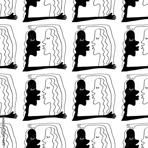 Seamless pattern with abstract kissing and hugging couple. Abstraction, line art, funny illustration. Vector texture background for card print, love and interracial marriage theme, Valentines Day