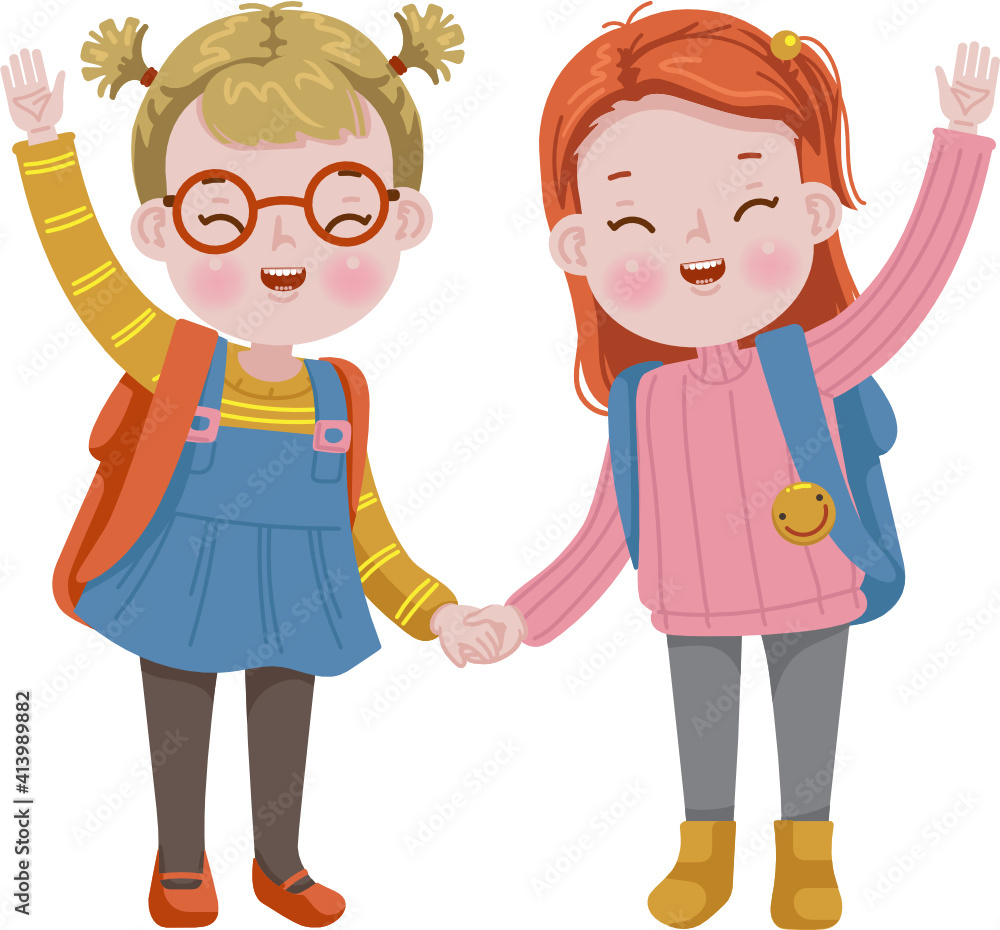 Two children with a smile. Girl with friend. Children carrying books with backpacks. Back to school Two children with a smile. Girl with friend. Children carrying books with backpacks. Back to school