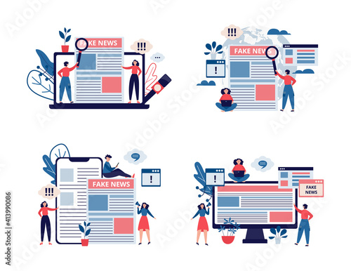 Set of fake news media press concepts, flat vector illustration isolated.