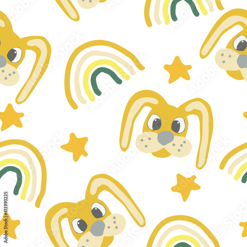 cute rabbit  bunny  Easter  stars and rainbow seamless pattern in trending color 2021. vector hand drawn. childrens wallpaper  textiles  decor. gray  gold  yellow.
