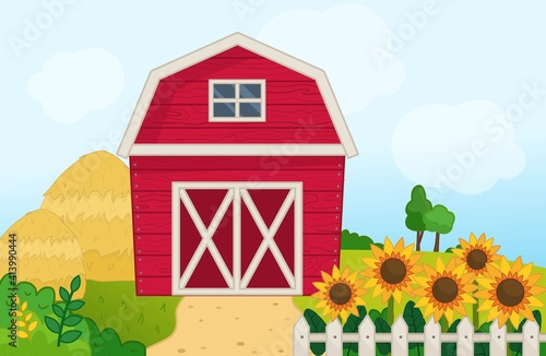 Illustration of a farm landscape in cartoon style. Red barn on the field. Farm scene with sunflowers and haystack.

