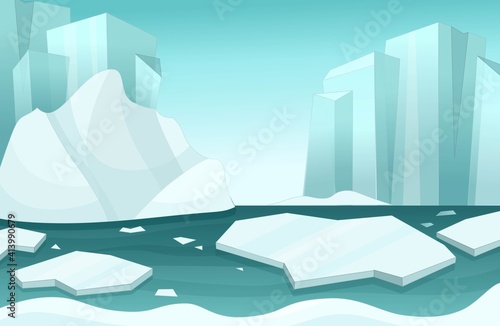 Illustration of a winter arctic landscape in cartoon style. 