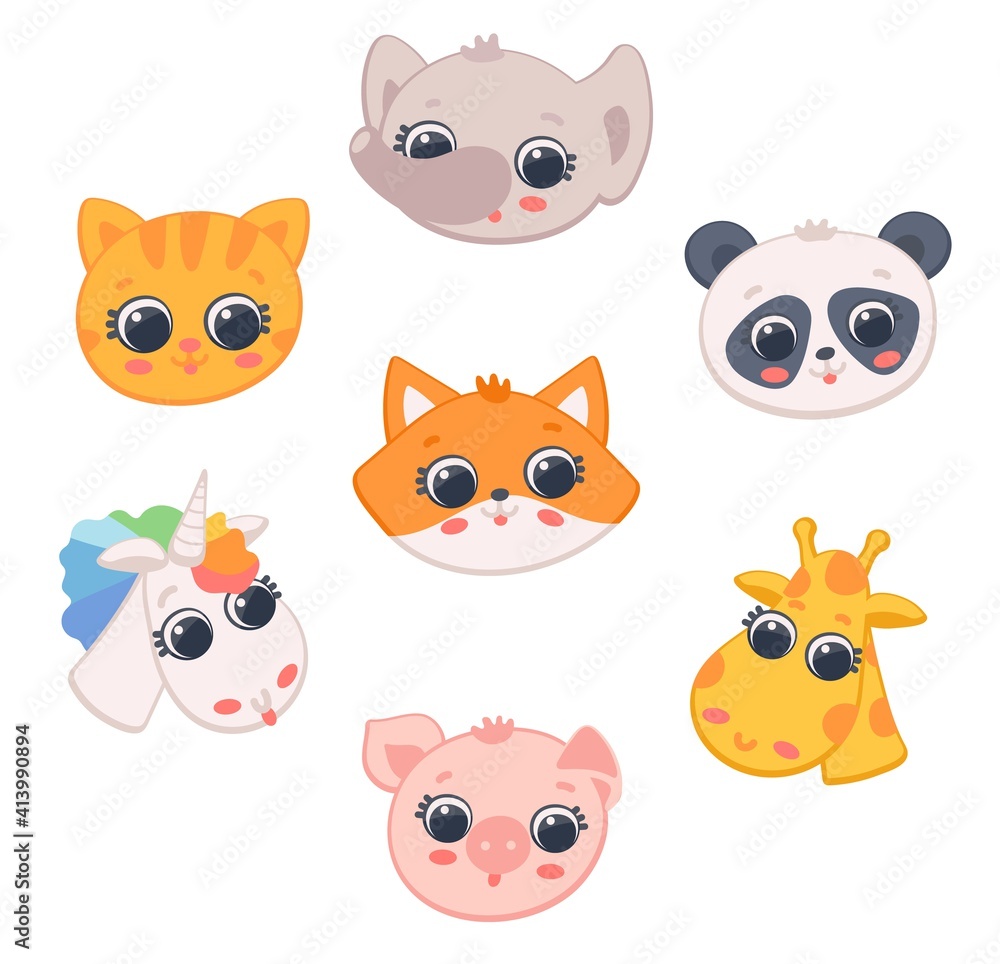 Fototapeta premium Cute funny animals head portraits flat vector illustration isolated on white.