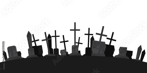 Black silhouettes of tombstones, crosses and gravestones. Elements of cemetery. Graveyard panorama. Vector illustration