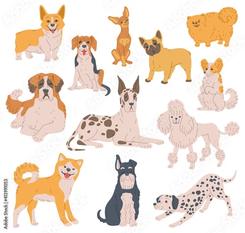 Set of cartoon dog pets, puppies different breeds, domestic animals with pedigree