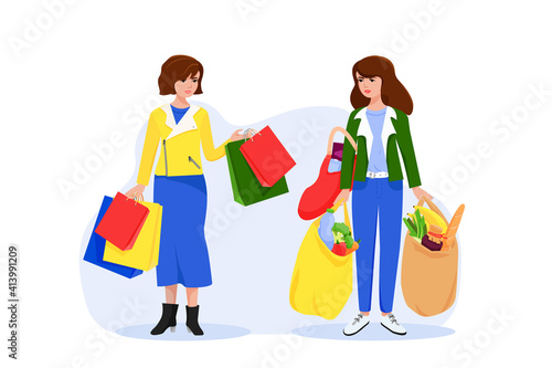 Shopping bag. Woman with heavy paper bags from grocery store.