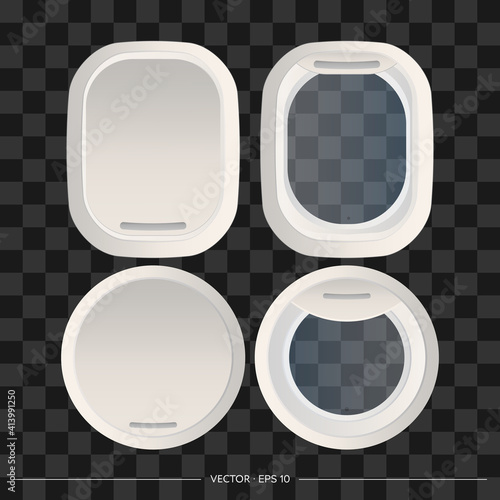 Set of Realistic gray portholes isolated on a white background. Open and closed window of a spaceship or airplane. Vector illustration