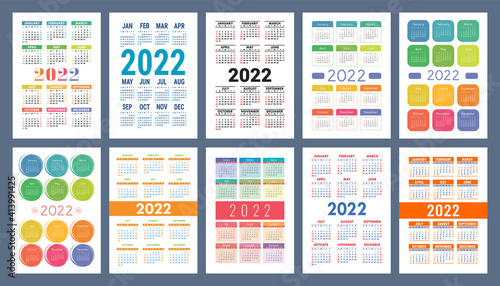 Calendar 2022 year set. Vector pocket or wall calender template collection. Week starts on Sunday. January, February, March, April, May, June, July, August, September, October, November, December