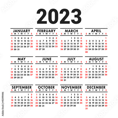 Calendar 2023. English vector square wall or pocket calender design template. New year. Week starts on Sunday. Black, red and white colors