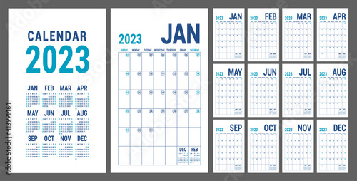 Planner 2023 year. English blue calendar template. Vector grid. Office business planning. Creative design