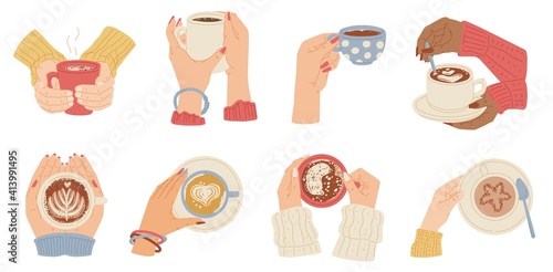 Hands holding cups of hot coffee drinks flat vector illustration isolated.