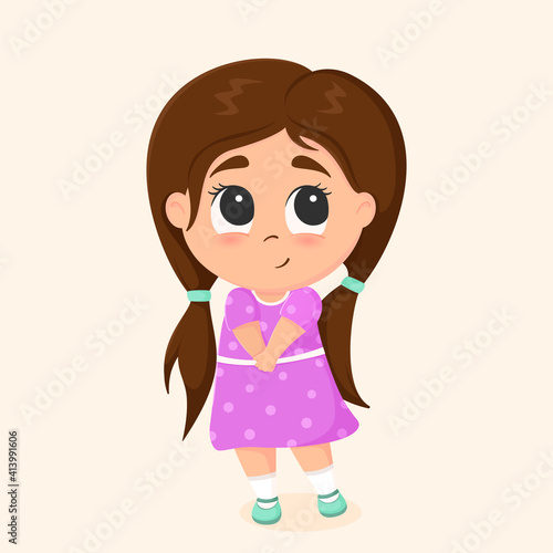 Shy little cartoon girl. Vector illustration of a cute baby. Girl in a purple dress. Isolated childish character on a white background.

