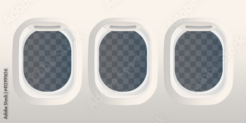 Realistic rectangular portholes with transparent glass. Airplane and space shuttle window. Vector illustration