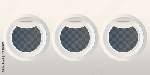 Realistic round portholes with transparent glass. Airplane and space shuttle window. Vector illustration