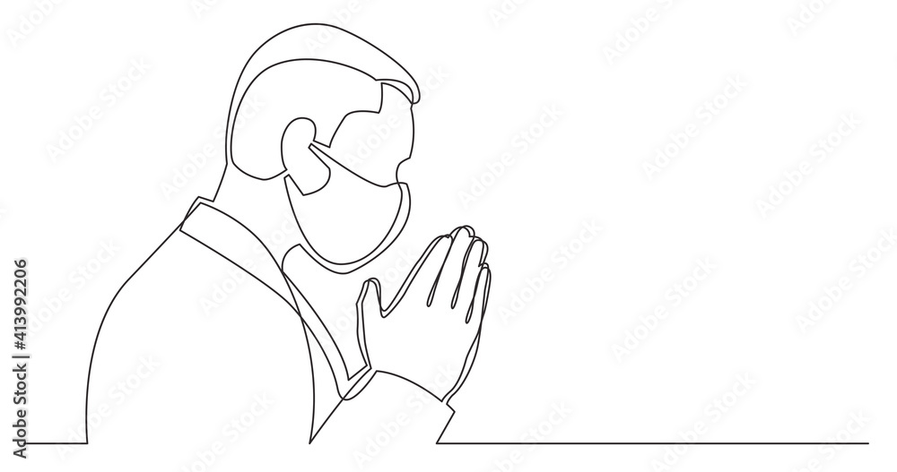 continuous line drawing of praying man wearing face mask