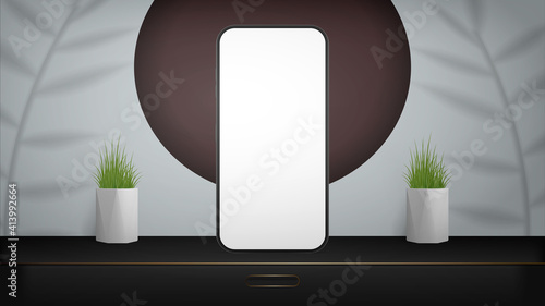 A telephone with a white screen stands on a black curbstone. Workplace. Layout for displaying sites, applications, games and advertisements. Realistic style. Vector illustration.