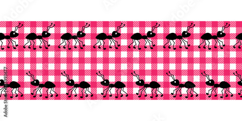 .Picnic seamless pattern. Cute ants on a pink checkered background. Vector Designer Ribbon. Cartoon style..