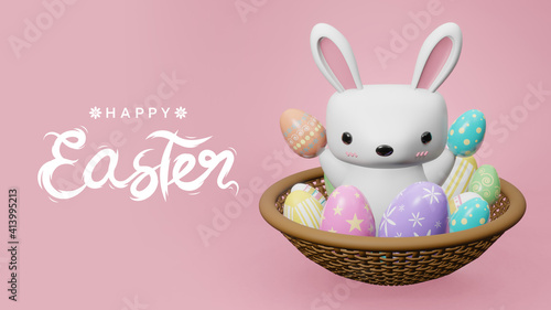 Photography Happy Easter 3D illustration with rabbit holding easter eggs