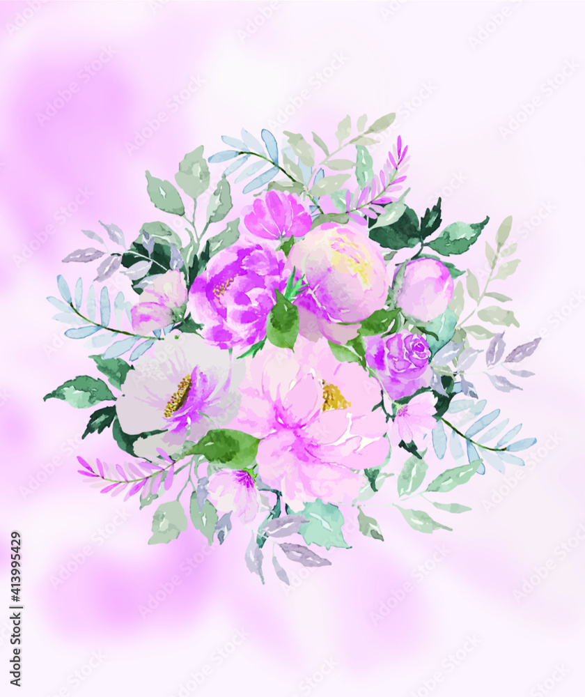Vector watercolor soft pink bouquet flower and green leaves with soft pink petal background