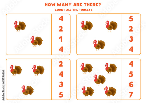 Counting game with farm turkeys. Math worksheet.