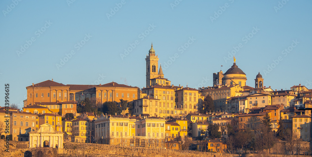 Bergamo, Italy. Amazing landscape at the old town located on the top of the hill. View from the new city (downtown) at the sunrise. Bergamo one of the most beautiful city in Italy