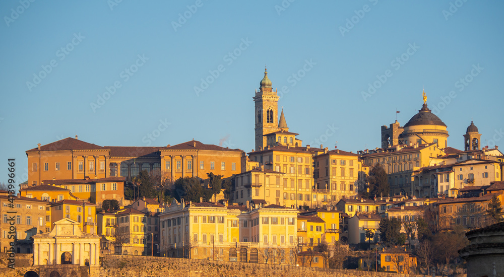 Bergamo, Italy. Amazing landscape at the old town located on the top of the hill. View from the new city (downtown) at the sunrise. Bergamo one of the most beautiful city in Italy