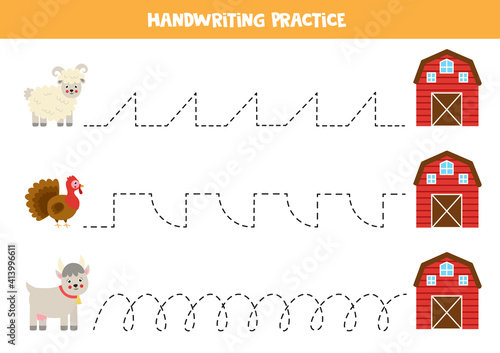 Trace the lines with farm animals. Writing practice.