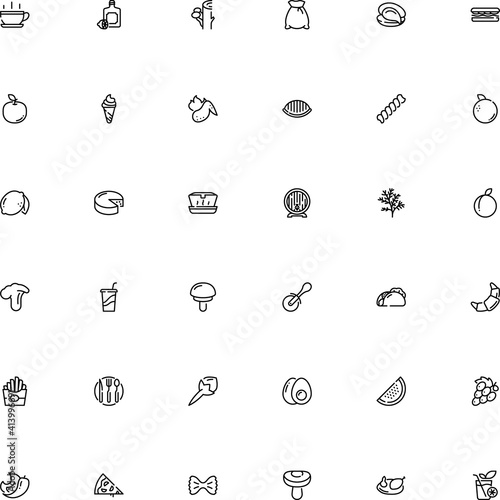 icon vector icon set such as: super foods, pepperoni, bow, flower, closed, wooden, fall, chicken-egg, croissant, fusilli, mussel, items, roasted, orecchiette, cutlery, taco, slicer, fat, junk, beef