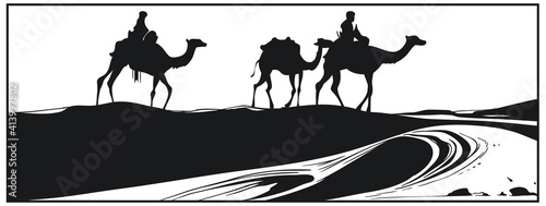 People on camels in desert. Illustration for internet and mobile website.