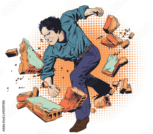 Businessman breaks through wall. Man breaking bricks. Vector illustration.