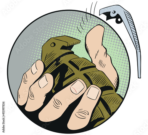 Hand with grenade. Stock illustration.