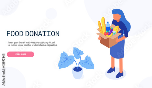 Volunteering and donations. Volunteer with food donation. Woman holding box with grocery products. Isometric vector.