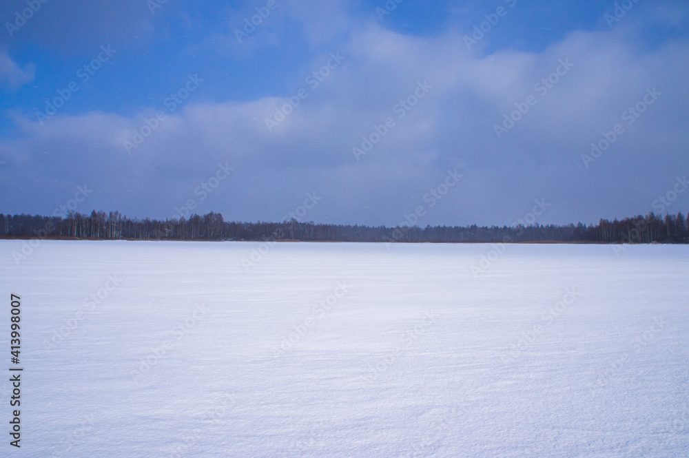 Winter snowy shore of forest lake