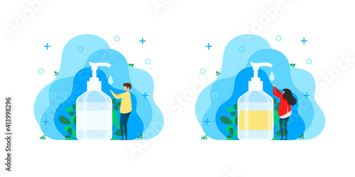 Disposable blue medical mask, medicine, and protection concept. hand sanitizer, sanitizer, hand soap, bacteria and germ treatment for hands, insulated bottle with hand degreaser. Vector illustration 