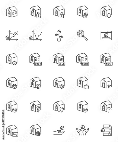 Real estate agent line icons set. linear style symbols collection outline signs pack. vector graphics. Set includes icons - property insurance, real estate agreement, mortgage, sale, sold, smart house