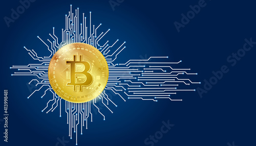 Bitcoin. Physical bit coin. Digital currency. Realistic bitcoin. Cryptocurrency. Golden coin with bitcoin symbol isolated on blue background .