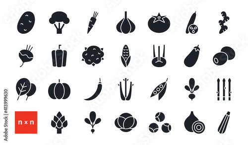 Set of vector icons. Vegetables. Black isolated silhouette. Fill solid icon, glyph. Modern design. Healthy food and vitamins