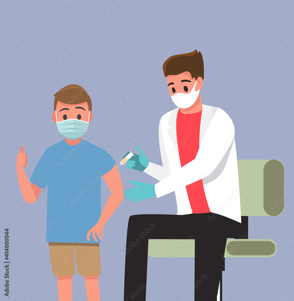 Vaccination of people from coronavirus COVID-19., flu or influenza shot or taking blood test with a needle,Vector illustration cartoon character.