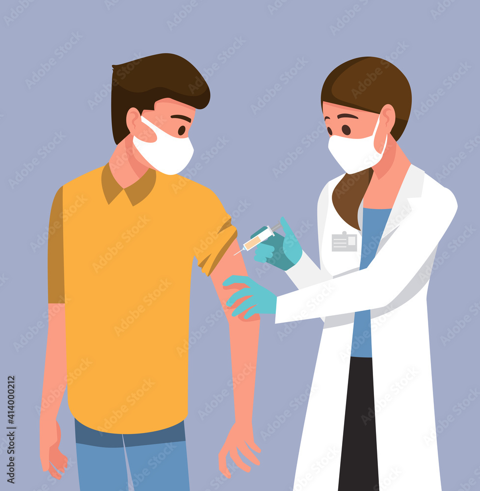 Vaccination of people from coronavirus COVID-19., flu or influenza shot or taking blood test with a needle,Vector illustration cartoon character. Vaccination of people from coronavirus COVID-19., flu or influenza shot or taking blood test with a needle,Vector illustration cartoon character.