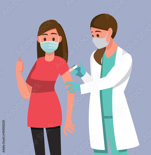 Vaccination of people from coronavirus COVID-19., flu or influenza shot or taking blood test with a needle,Vector illustration cartoon character.