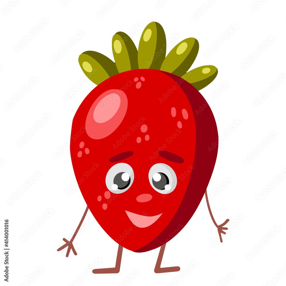 Fototapeta premium Cute and funny comic style strawberry character looking up, cartoon vector illustration isolated on white background