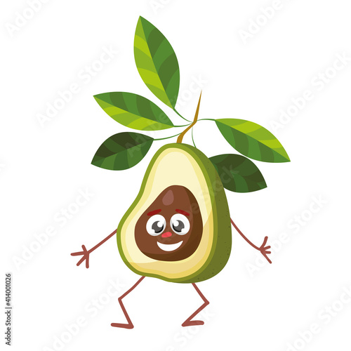 Cute and funny avocado character in comic style looking up, cartoon vector illustration isolated on white background.
