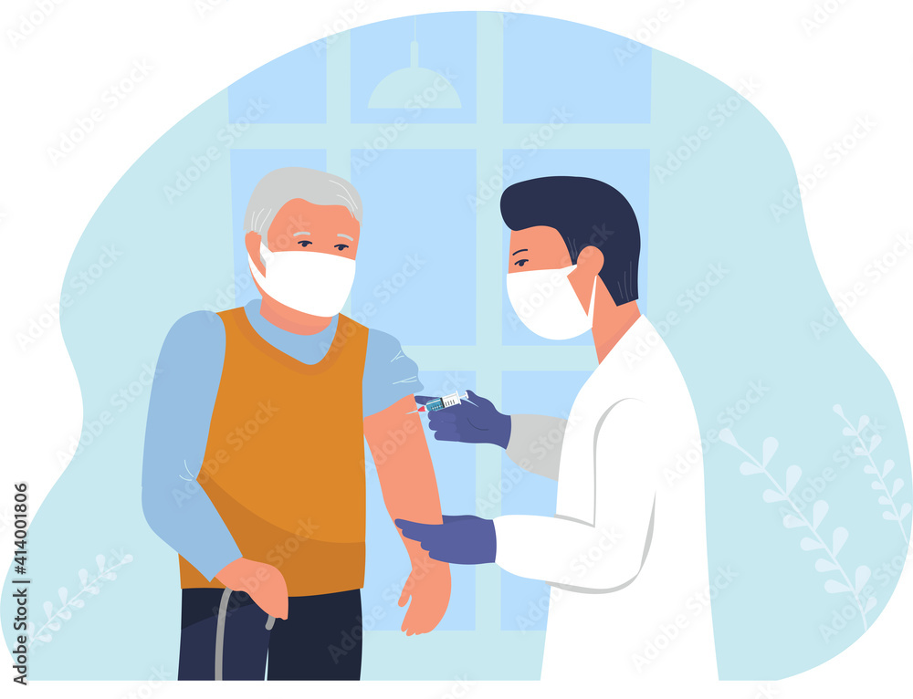 A doctor in a clinic giving a coronavirus vaccine, a syringe injection to an elderly person, an illustration of the concept of immune health. Adult immunization, covid-vaccine. Flat illustration. A doctor in a clinic giving a coronavirus vaccine, a syringe injection to an elderly person, an illustration of the concept of immune health. Adult immunization, covid-vaccine. Flat illustration.