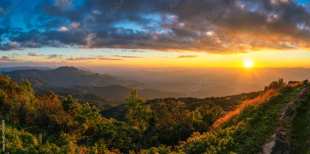 Tropical forest nature landscape sunset view with mountain range at Doi Inthanon, Chiang Mai Thailand panorama