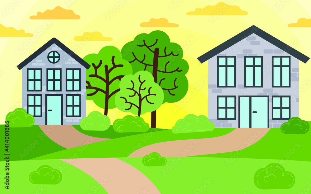 Vector illustration of country houses. Beautiful summer landscape in the village, sunset in the field. Green landscape with cottages among the forest, trees and bushes.